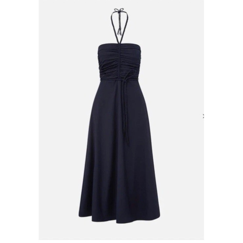 Veronica Beard Tucker Halter Dress Sz 12 Navy MIDI Cotton Vacation Beach